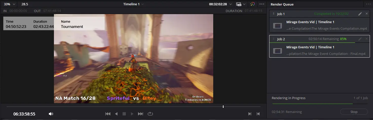 A screenshot showing the render page of the video, the render is stuck at 85% completion with the timer endlessly estimating around 3 hours remaining on the render, the timer would occasionally change but not the frame being rendered or the percentage, and it had been in this state many hours after the whole render should've been finished, so I quickly gave up on the render when I realised what had happened.