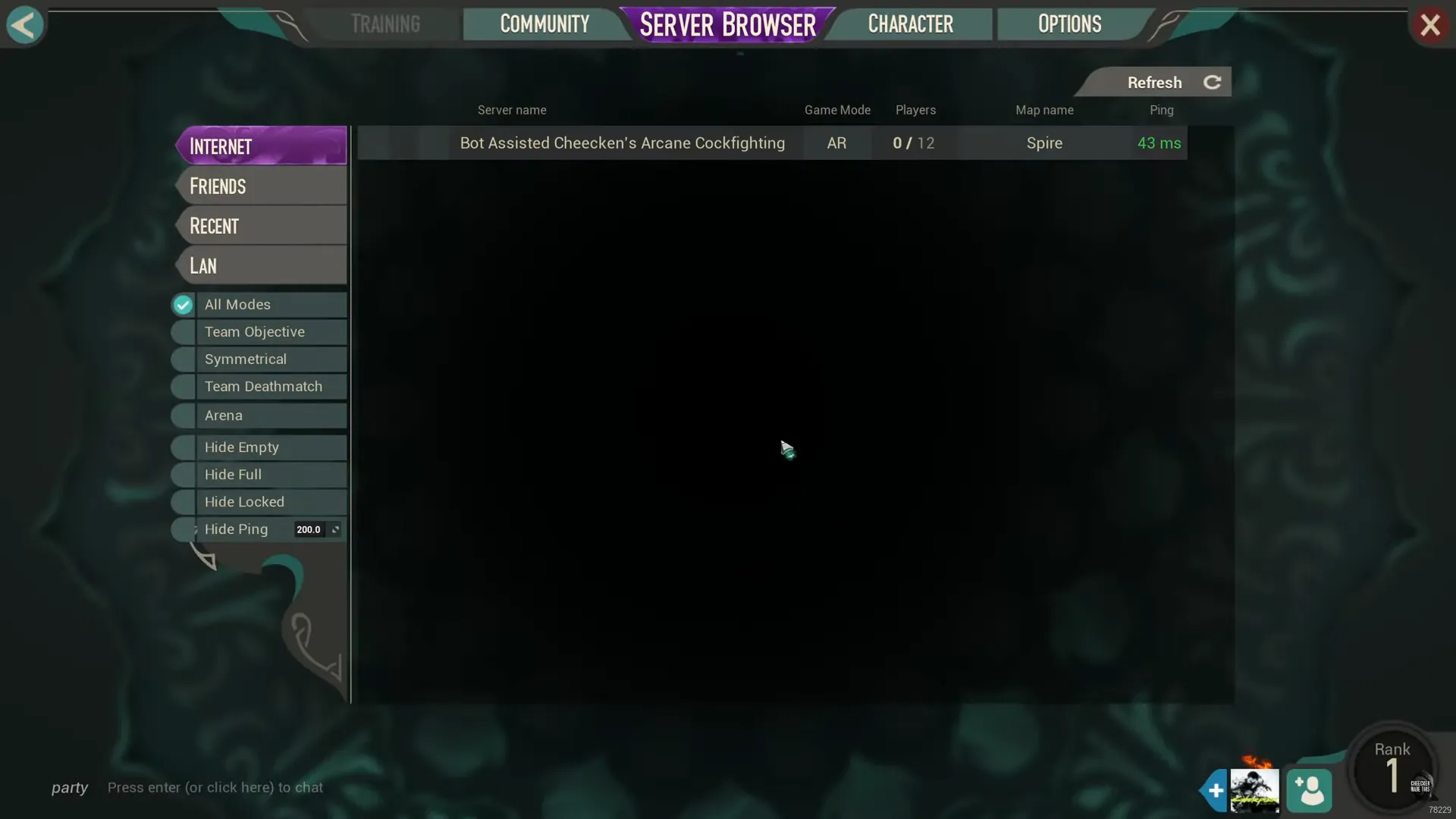 Your custom server appears in the server browser