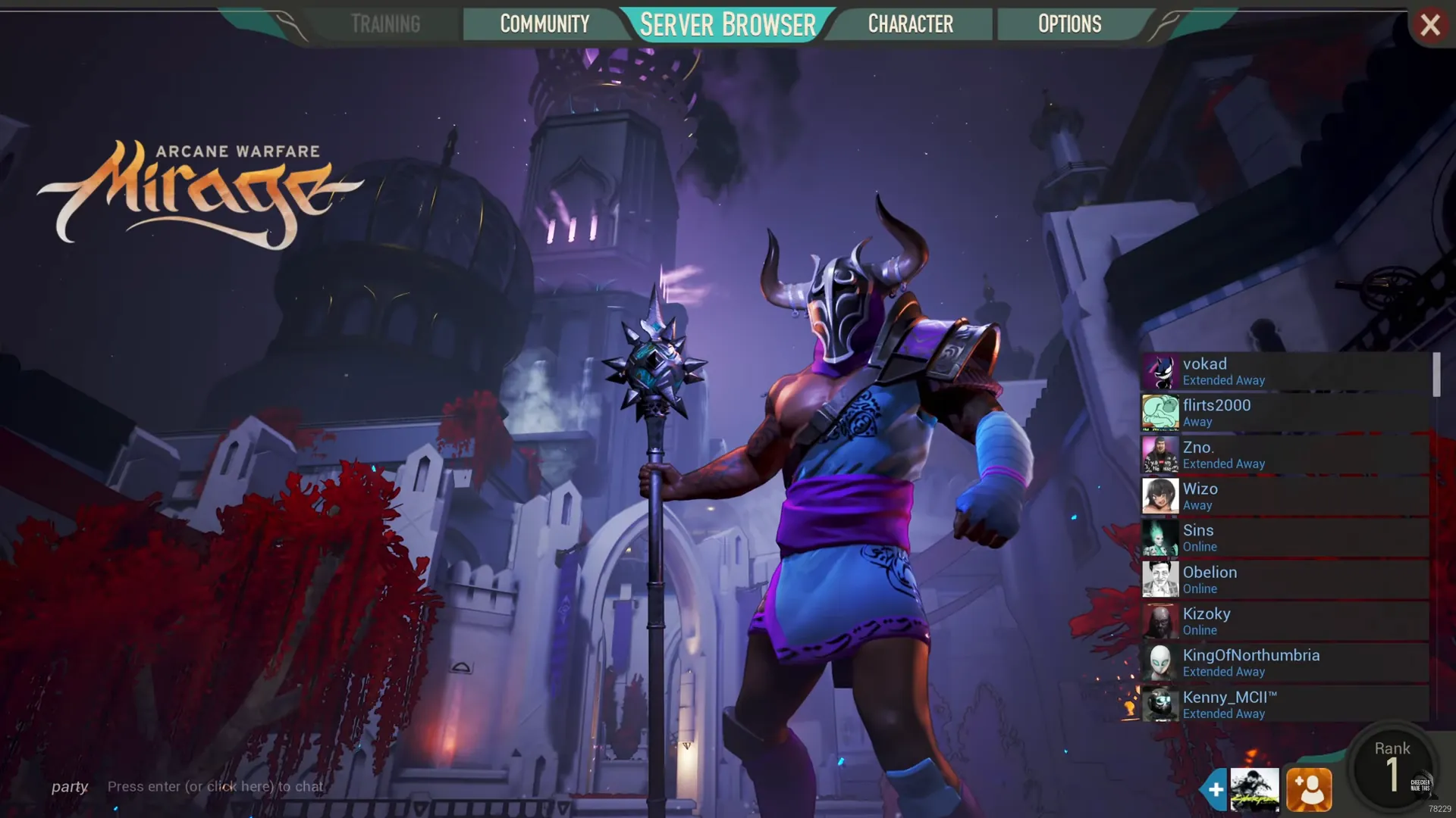Mirage Arcane Warfare main menu with Taurant standing in the middle of a fantastical plaza