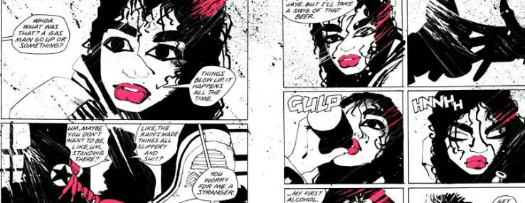 comic panels depicting the woman talking and drinking