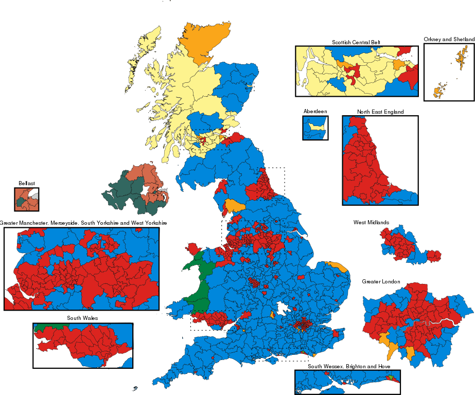 Image: A map showing the results of the UK 2017 General Election by constituency.