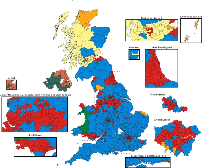 A map showing the results of the UK 2017 General Election by constituency.