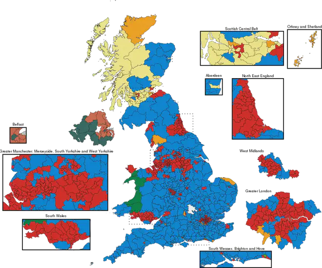A map showing the results of the UK 2017 General Election by constituency.