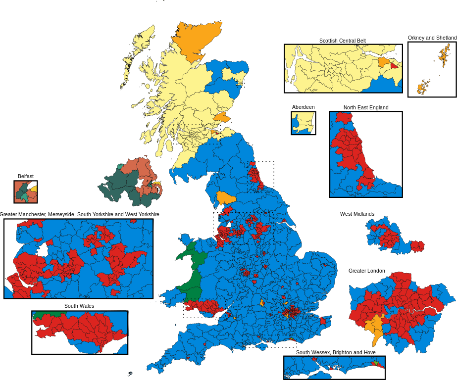 Image: A map showing the results of the UK 2019 General Election by constituency.