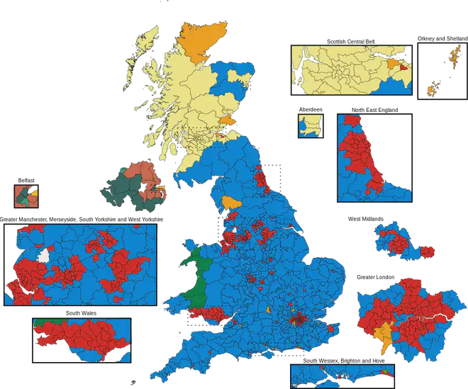 A map showing the results of the UK 2019 General Election by constituency.
