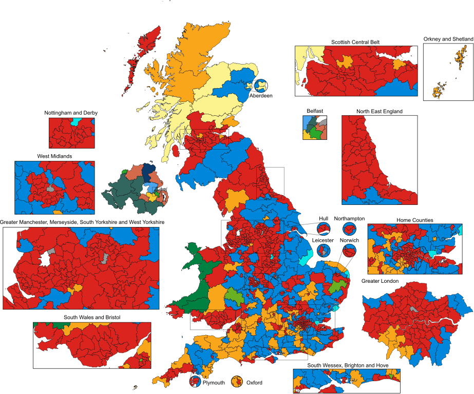 Image: A map showing the results of the UK 2024 General Election by constituency.