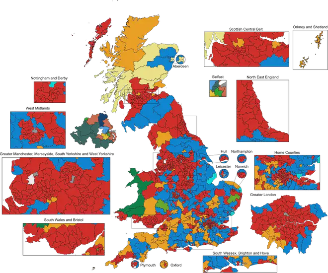 A map showing the results of the UK 2024 General Election by constituency.