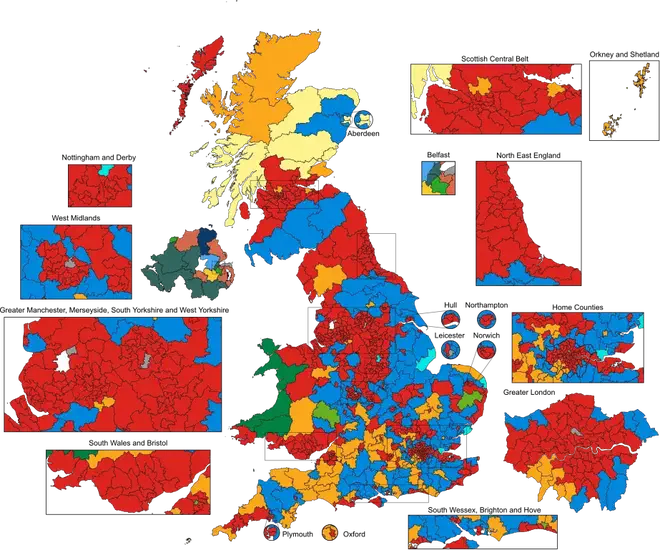A map showing the results of the UK 2024 General Election by constituency.