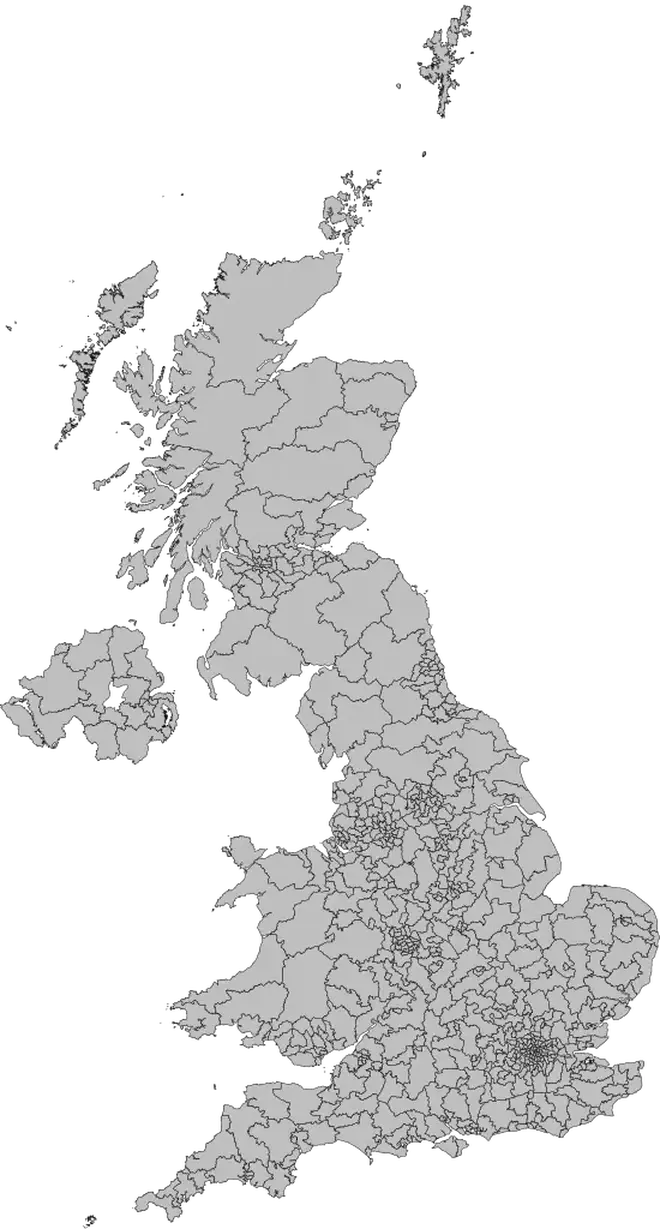 A map showcasing the electoral constituencies of the UK.