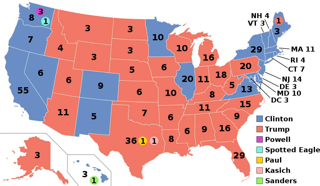 Image: A map of showcasing the results of the 2016 US Presidential Election by State.