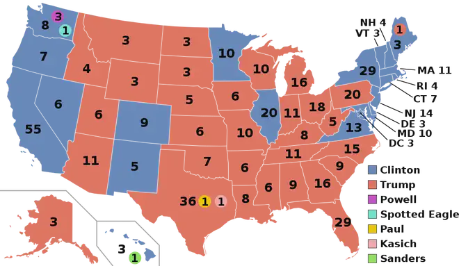 A map of showcasing the results of the 2016 US Presidential Election by State.