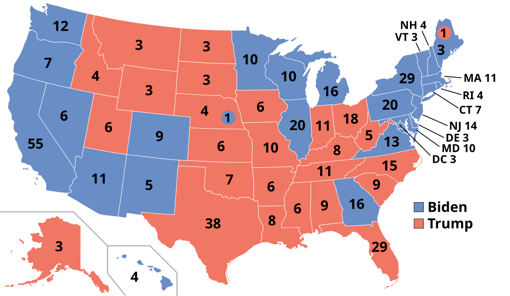 Image: A map of showcasing the results of the 2020 US Presidential Election by State.