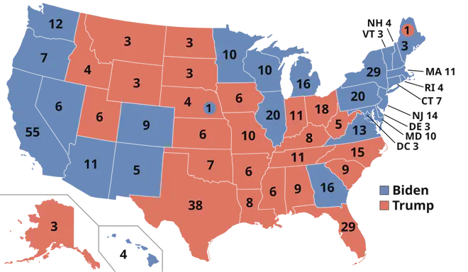 A map of showcasing the results of the 2020 US Presidential Election by State.