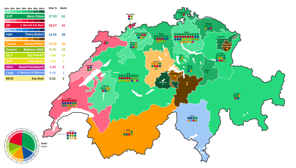 Image: A map showcasing the 2023 Swiss National Council election results by Canton.