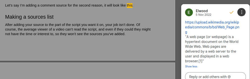 An example of adding a source via a comment on Google Docs.