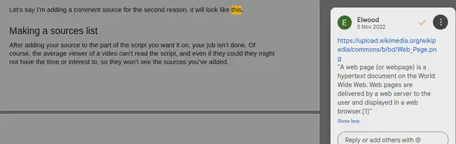 An example of adding a source via a comment on Google Docs.