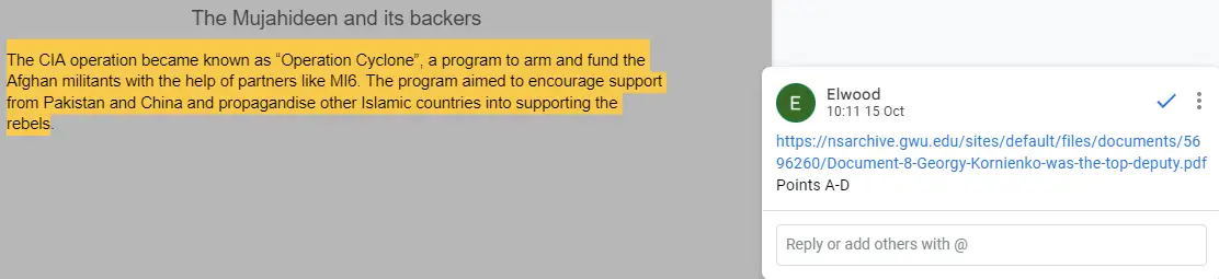 Image: A screenshot of the document being linked via comment in the “Terror Script” Google Doc.