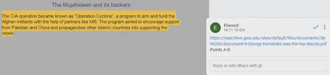 A screenshot of the document being linked via comment in the “Terror Script” Google Doc.