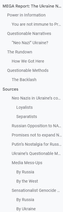 Image: A screenshot of the sources list from the script for MEGA: The Ukraine Narratives.