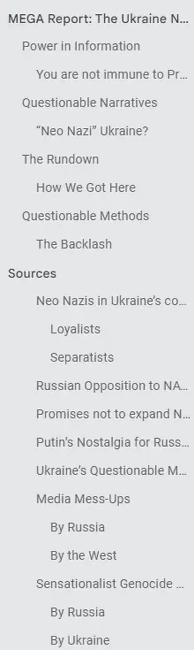 A screenshot of the sources list from the script for MEGA: The Ukraine Narratives.