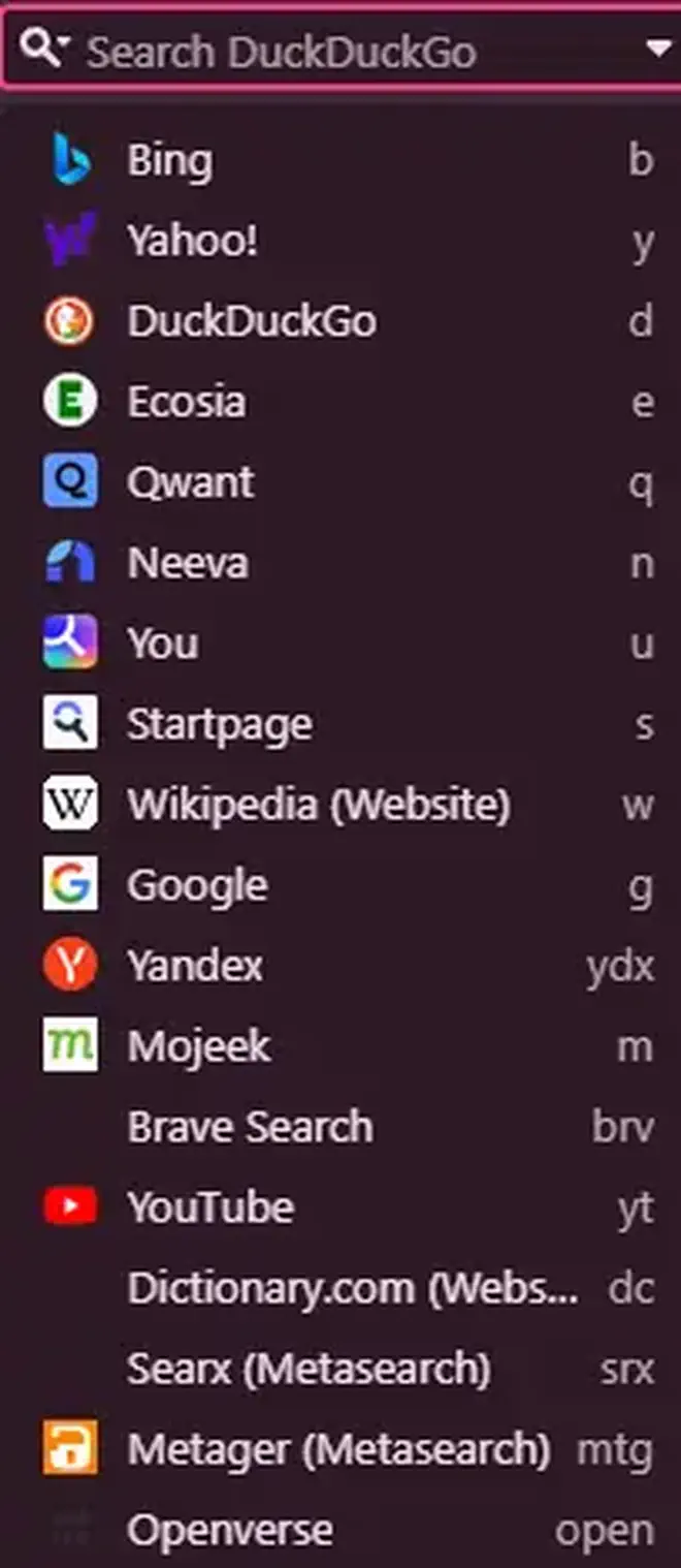 A screenshot showcasing the Vivaldi drop down menu.