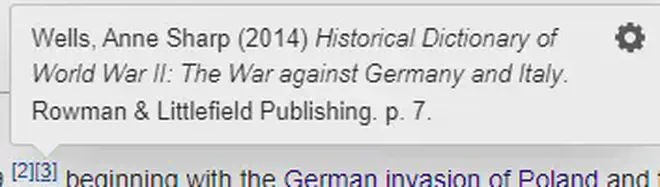 A screenshot of the WW2 wiki page with the number 3 citation hovered over with the mouse, showcasing the source used on the article.