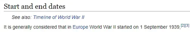A screenshot of the Wikipedia page for World War 2, explaining when the war started, two blue citation markers appear on the end, numbered 2 and 3.