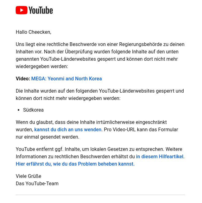 A message from YouTube about our documentary being banned (in German)