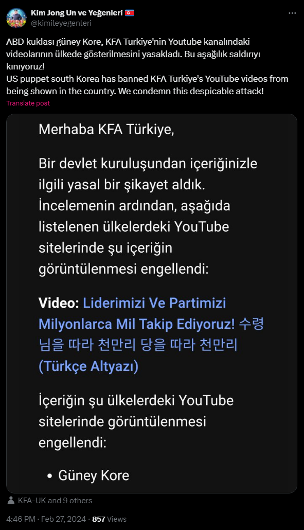 A post showing the ban on the Turkish KFA in South Korea