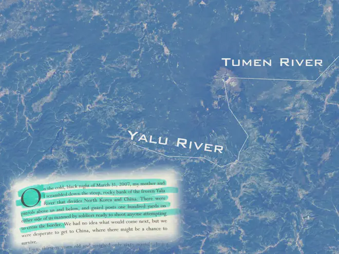 Image: A sattelite photo of the North Korea-China border, with the positions of the Yalu and Tumen rivers highlighted, an picture of the introduction to Yeonmi Park’s book is layered on top, the quote reads: “On the cold, black night of March 31, 2007, my mother and I scrambled down the steep, rocky bank of the frozen Yalu River that divides North Korea and China”.