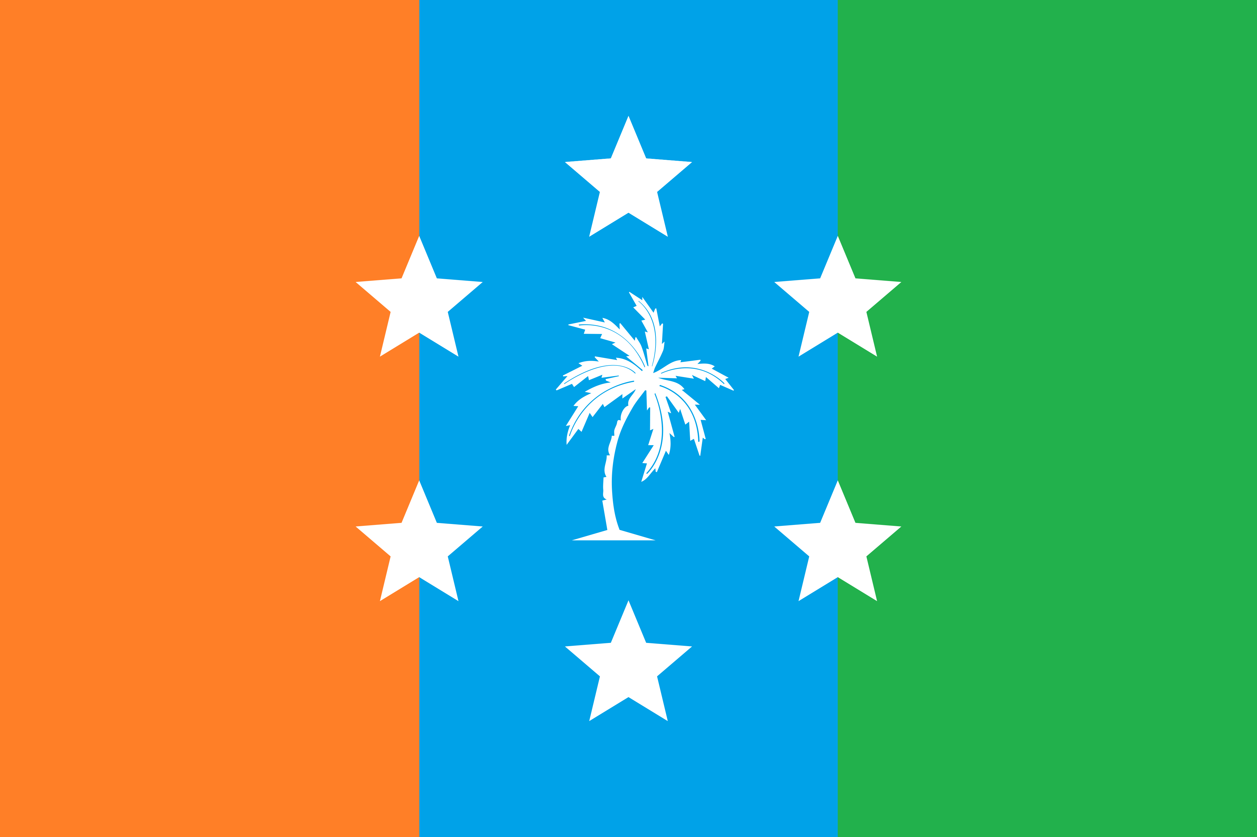 Image: An image of the Sal Anderran flag, depicting a tricolour of orange, blue and green with a symbol in the middle containing a circle of 6 five pointed stars with a palm tree in the centre.