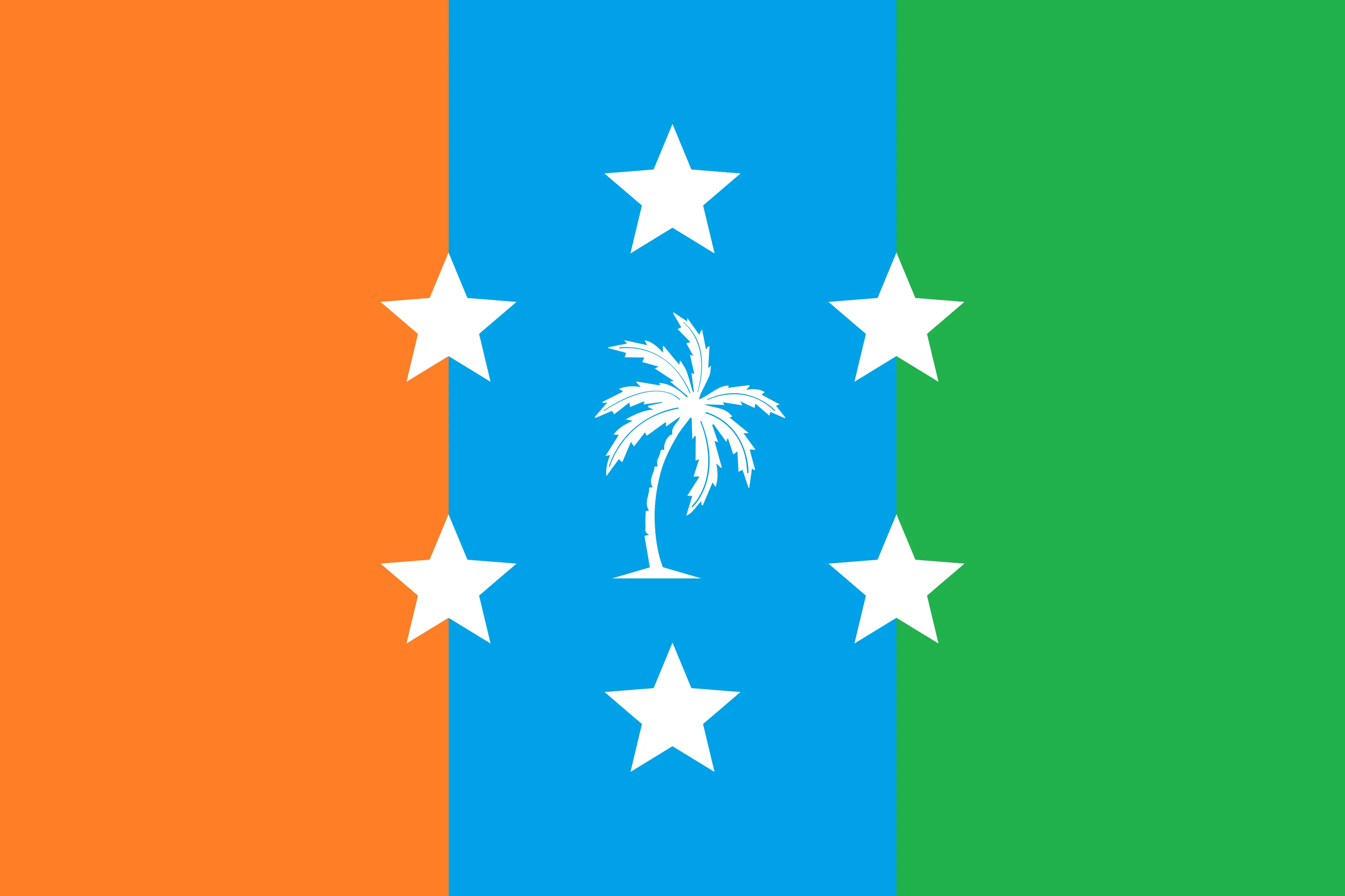 Image: An image of the Sal Anderran flag, depicting a tricolour of orange, blue and green with a symbol in the middle containing a circle of 6 five pointed stars with a palm tree in the centre.