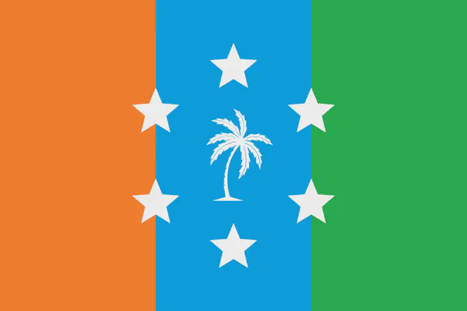 An image of the Sal Anderran flag, depicting a tricolour of orange, blue and green with a symbol in the middle containing a circle of 6 five pointed stars with a palm tree in the centre.