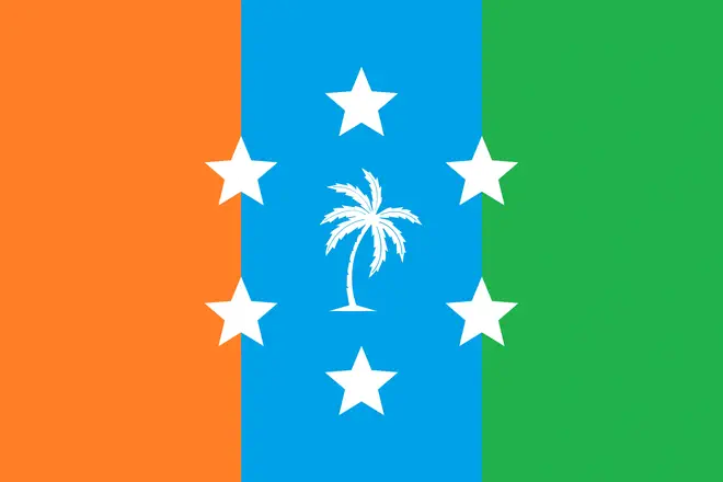 An image of the Sal Anderran flag, depicting a tricolour of orange, blue and green with a symbol in the middle containing a circle of 6 five pointed stars with a palm tree in the centre.