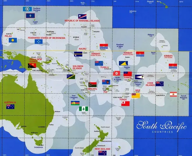 A map showing the flags of Oceania.
