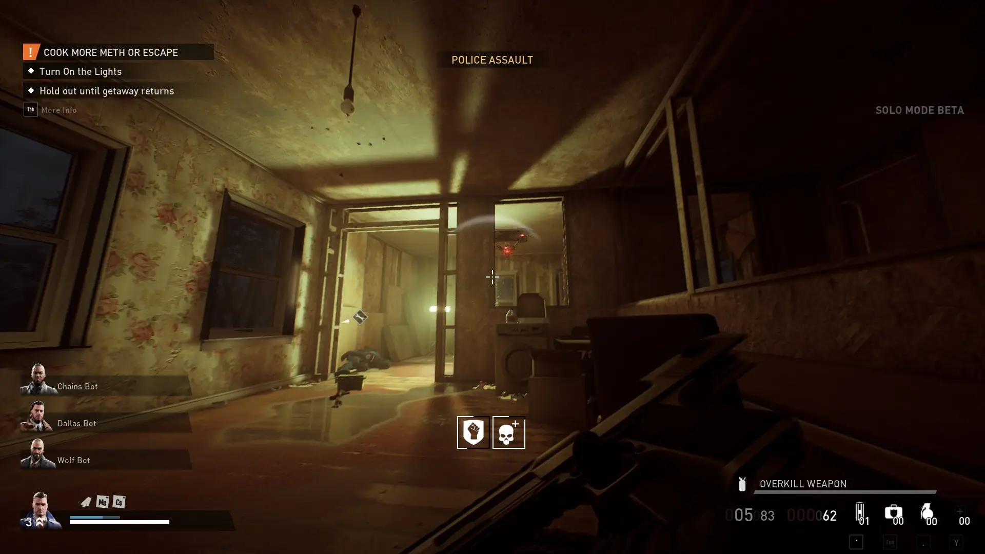 A Dynamically lit dark scene inside an apartment complex.