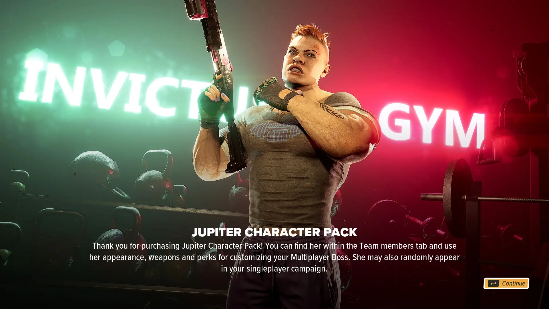 A steroid abusing muscled person with a shotgun standing in a Gym.