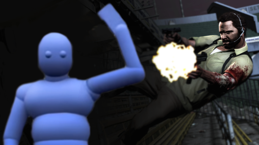 Thumbnail including a dummy from Euphoria showcases and Max Payne jumping through the air