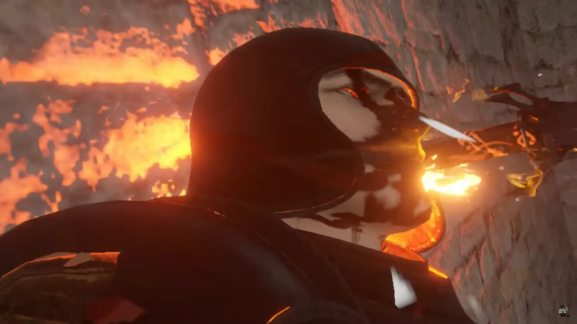 a flaming hot blade penetrates a victim in Blade and Sorcery