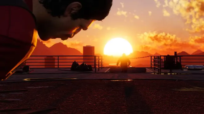 The boss confronts the Nahuali on a rooftop at sunset
