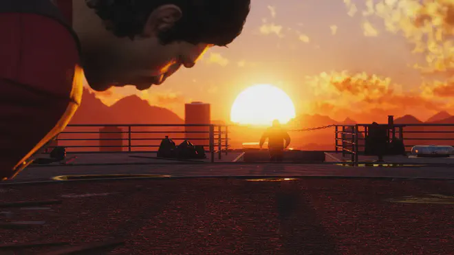 The boss confronts the Nahuali on a rooftop at sunset