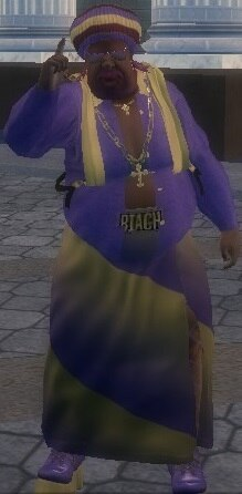 Image: My Saints Row 2 protagonist, a fat black man with pink facial hair and a purple and yellow robe, he has a cross pendant around his neck and a &ldquo;BIATCH&rdquo; plate on his crotch