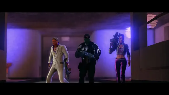 Saints Row 3 screenshot - The boss, Pierce and Shaundi walk down a corridor with guns drawn