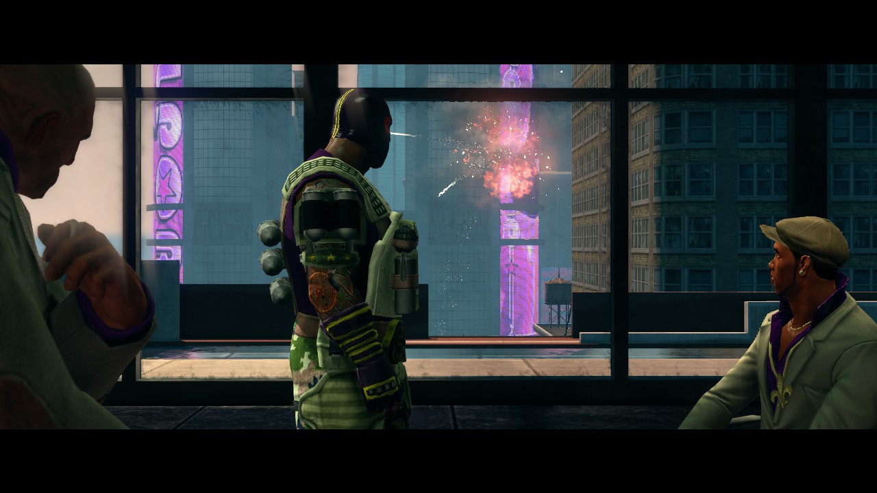 Image: Saints Row 3 screenshot - The boss in a luchadore outfit watches a building explode, Pierce and Oleg in the background