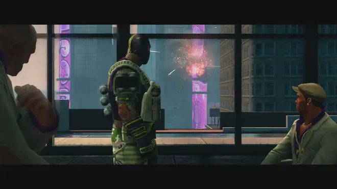 Saints Row 3 screenshot - The boss in a luchadore outfit watches a building explode, Pierce and Oleg in the background