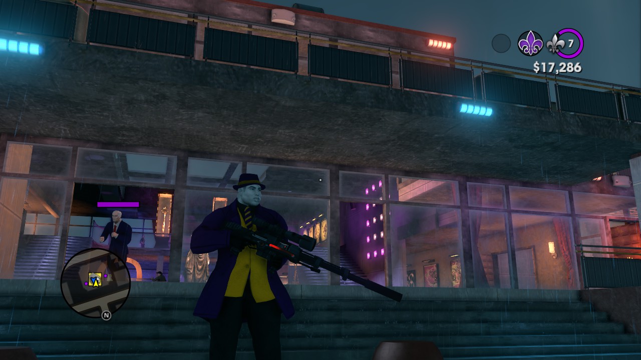 Image: Saints Row 3 screenshot - The boss carries a Sniper rifle on a rooftop, my co-op partner who looks like Joe Biden runs over in the background