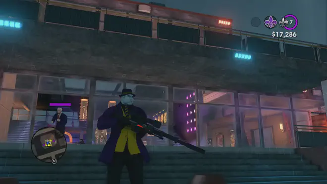 Saints Row 3 screenshot - The boss carries a Sniper rifle on a rooftop, my co-op partner who looks like Joe Biden runs over in the background