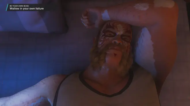 The boss lies in bed looking miserable, the objective at the top reads “Wallow in your own failure”