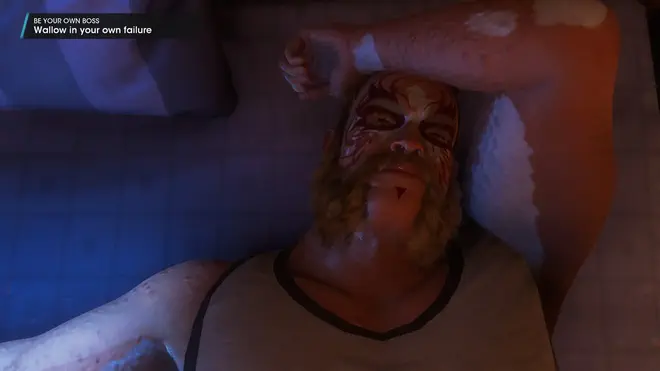 The boss lies in bed looking miserable, the objective at the top reads &ldquo;Wallow in your own failure&rdquo;