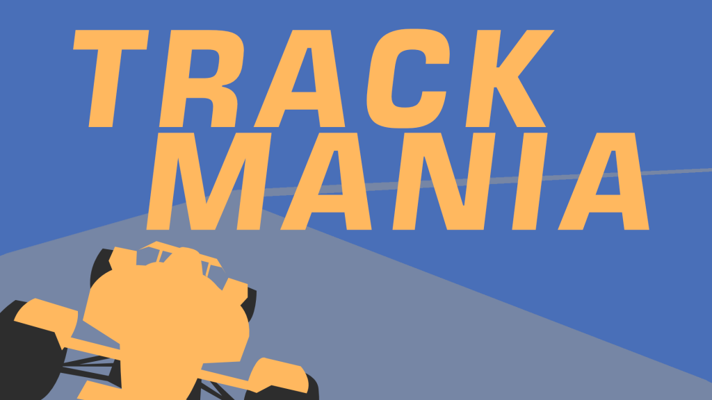 A banner representing the game series Trackmania designed with blue and yellow colours